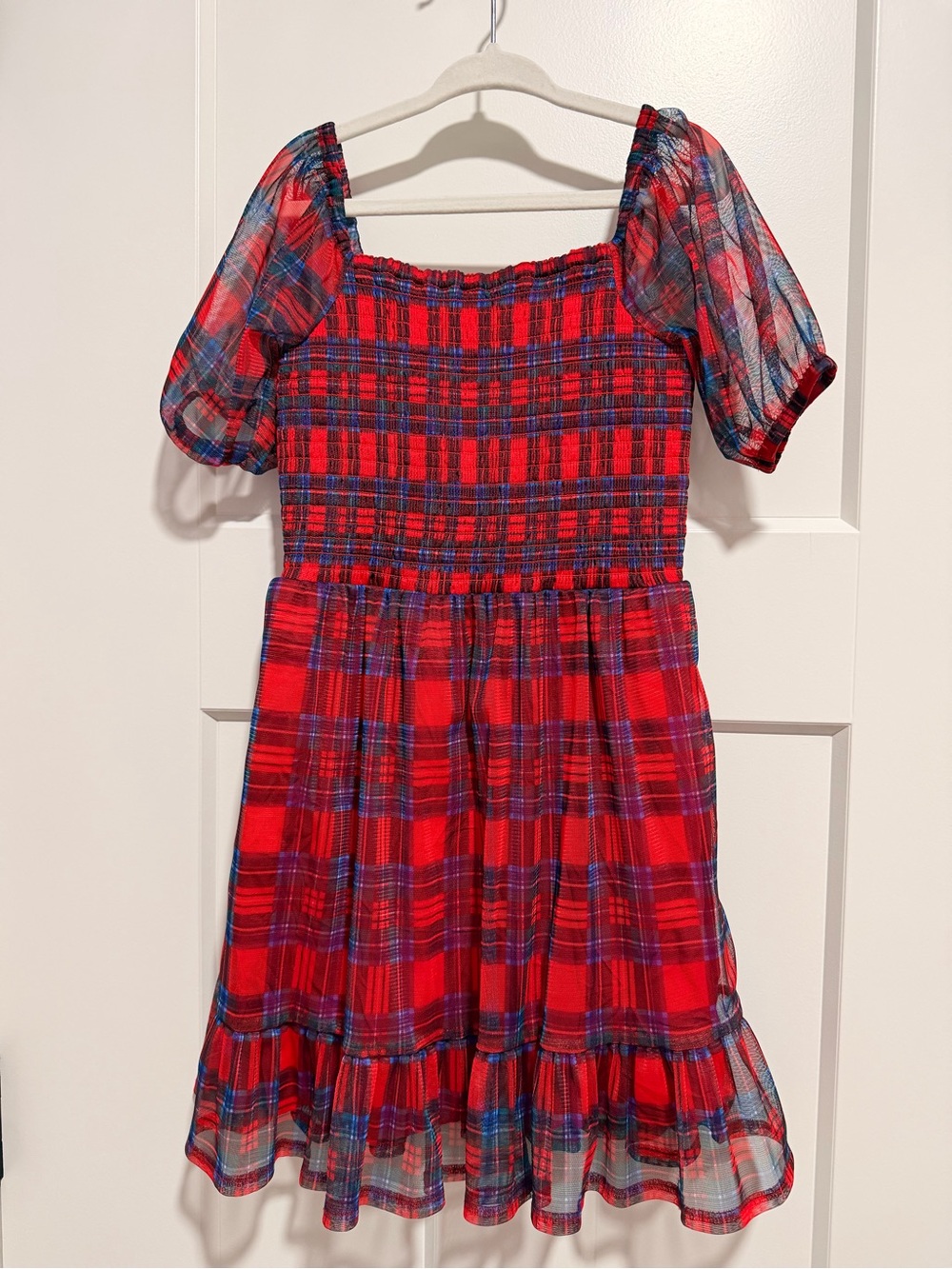 Vineyard Vines Chiffon Red Plaid Smocked Puff-Sleeve Kids Dress